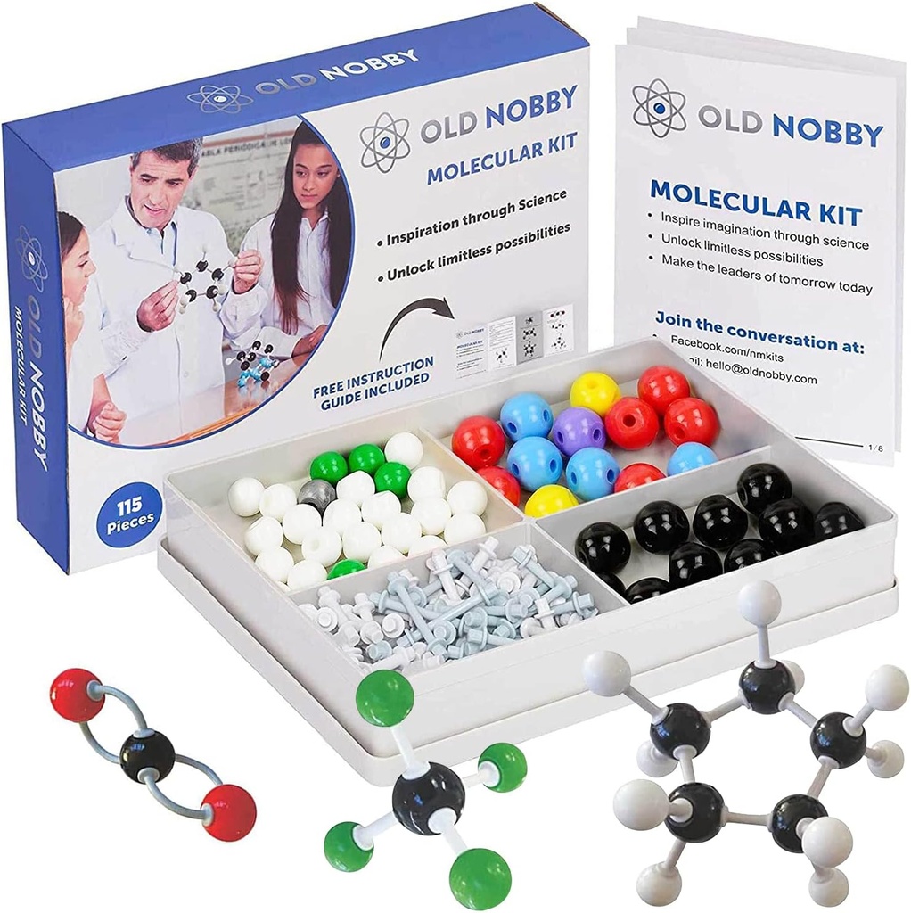 Old Nobby כימיה מודל Kit - 115 Piece Molecular Model Set כולל Atoms, Bonds, הדרכה מדריך - STEM מדע כלי לסטודנטים, כימיה אורגנית, מולקולרית למידה - מודלים צבעוניים