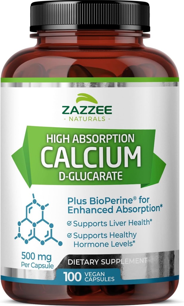 Zazzee High Absorption Calcium D-Glucarate, 500 מ"ג לקפסולה, 3 מ"ג BioPerine עבור Absorption משופרת, 100 קפסולות טבעוניות, בתוספת ברוקולי 10:1, 100% Vegetarian, CDG, All-Natural ולא GMO
