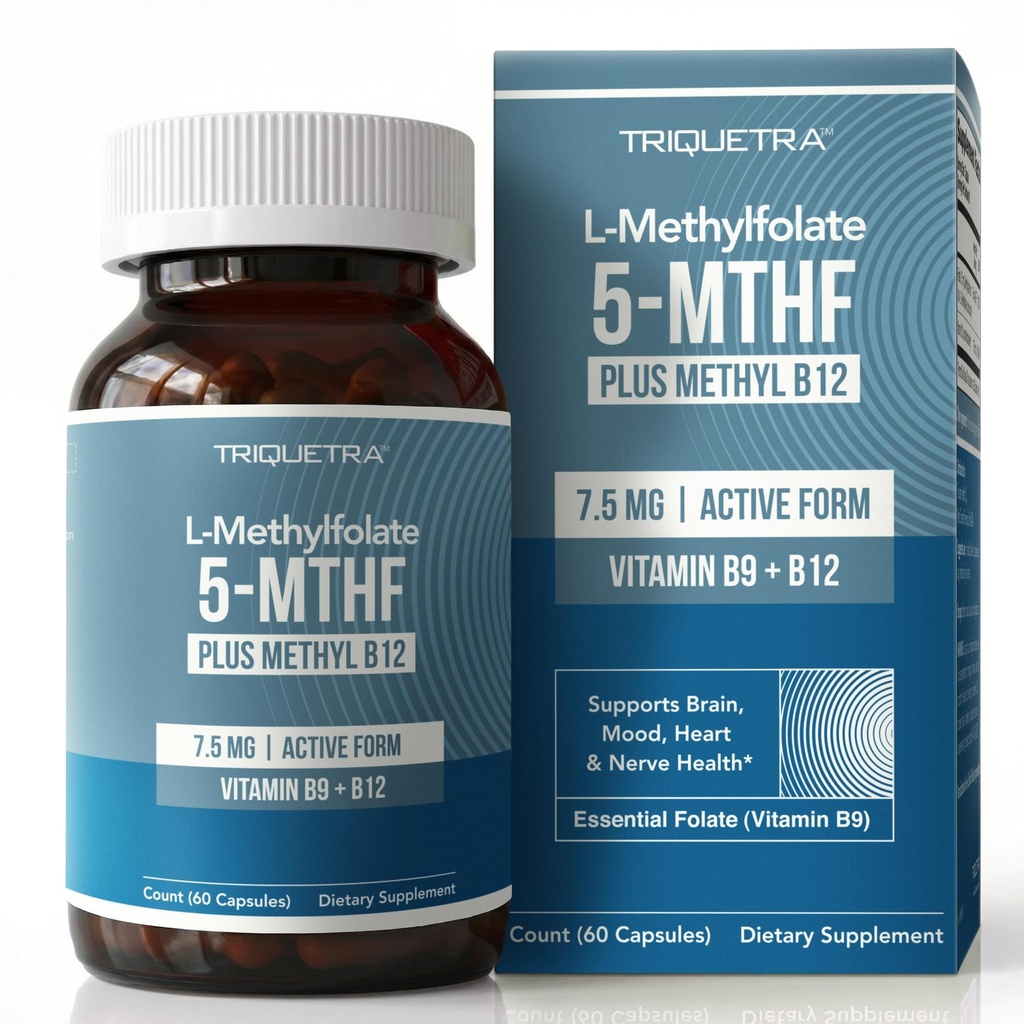 L Methylfolate 7.5 מ"ג בתוספת Methyl B12 - Active 5-MTHF Form, MTHFR תוסף - Bloodstream Ready Methylated Folate + B12 Cofactor - תמיכה Mood, Homocysteine Methylation, Cognition (60 קפסולות)