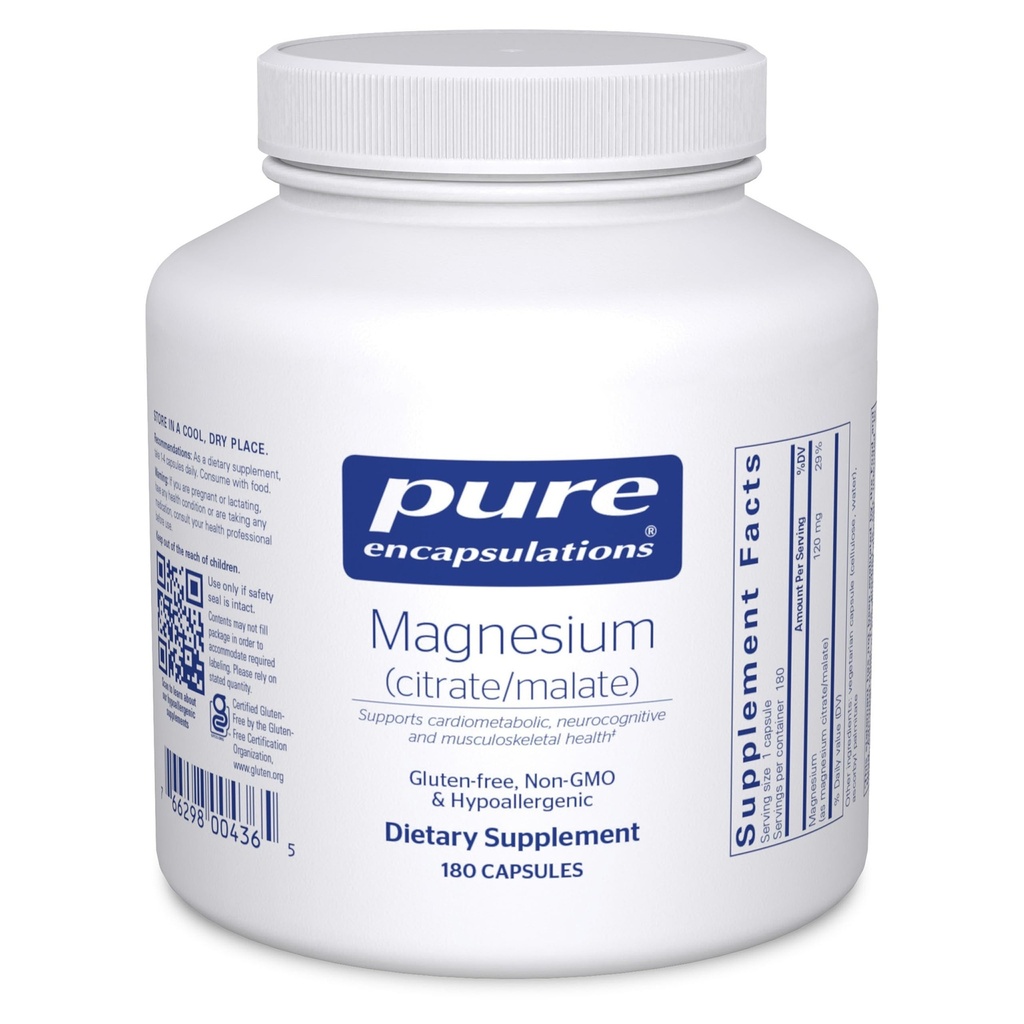 טהור Encapsulations Magnesium (Citrate / Malate) - תוסף מגנזיום לתמיכה בזמינות תזונתית, אנרגיה, עצמות ובריאות לב * - עם Magnesium Citrate & Malate - 180 קפסולות