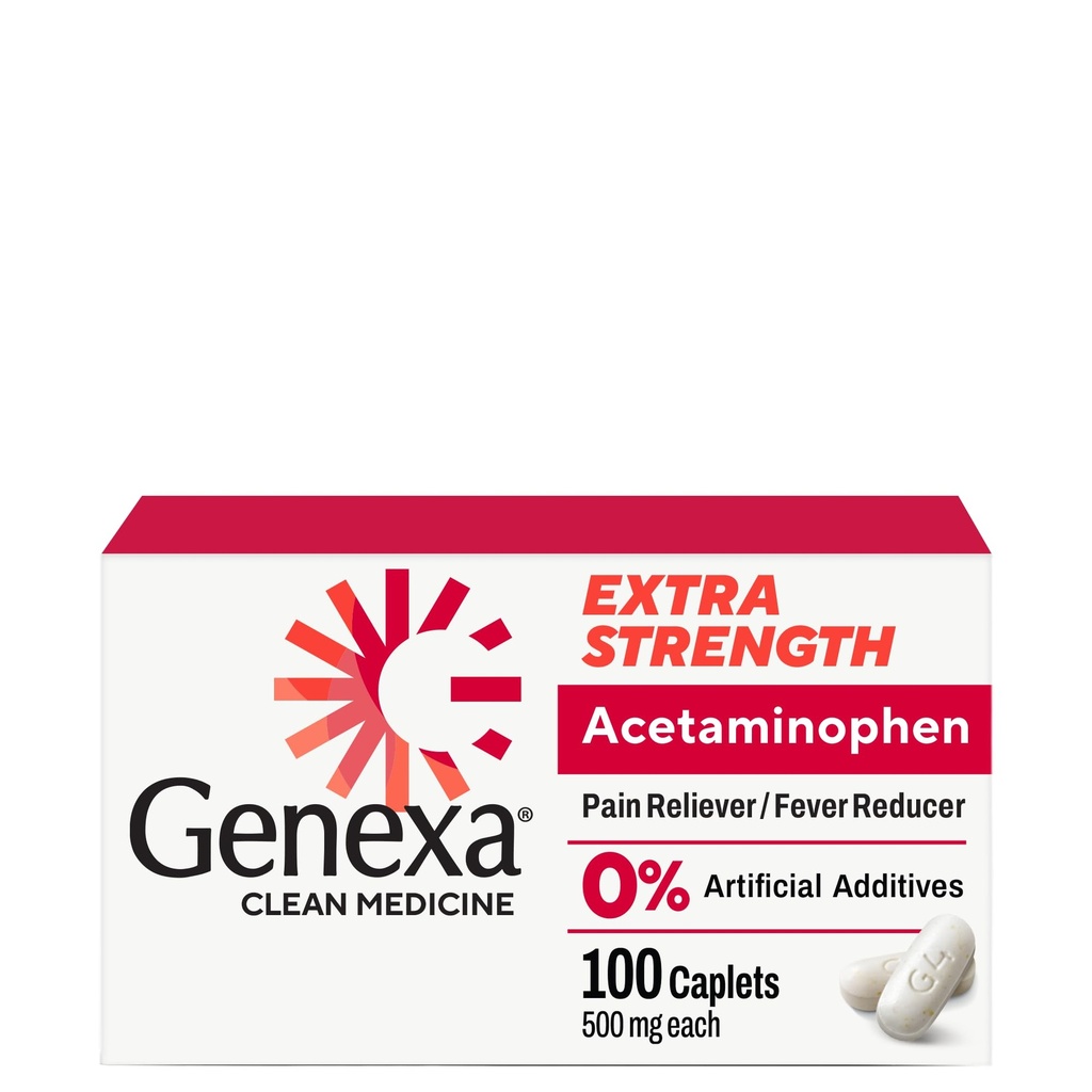 Genexa ניקוי Acetaminophen 500 מ"ג כוח נוסף, Dye Free Pain Reliever Fever צמצם, 0% Artificial Additives, Pain Medicine for Adults, Relieves Headache, Backache, Minor Arthritis כאב, 100 טבליות
