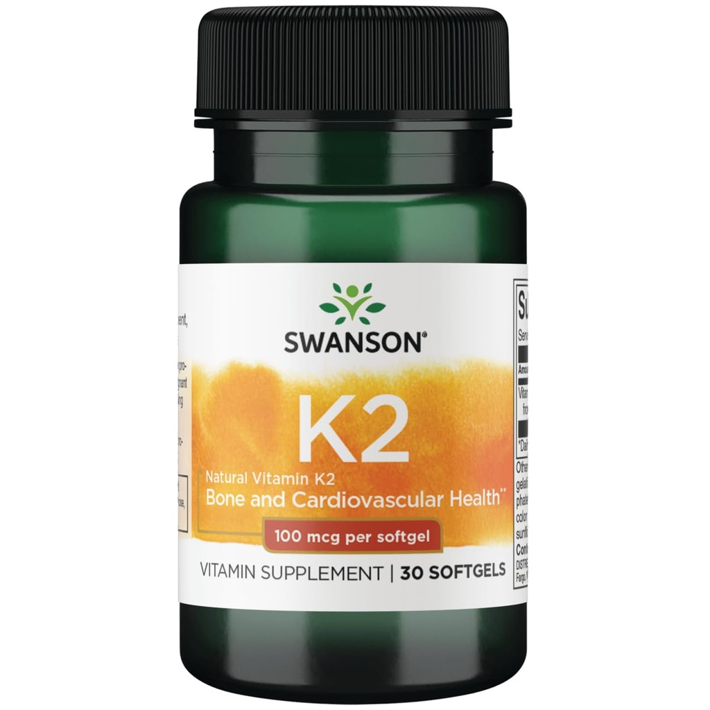 סוונסון ויטמין K2 (Menaquinone-7) - תוסף ויטמין תומך Cardiovascular ו- Bone Health - Made From Japanese Natto to Regulate Calcium - (30 Softgels, 100mcg כל אחד)