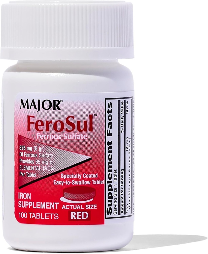 Major Ferosul - Ferrous Sulfate 325 מ"ג טבליות עם 65 מ"ג של ברזל אלמנטרי - תוספת ברזל לנשים, גברים - Red - 100 Count