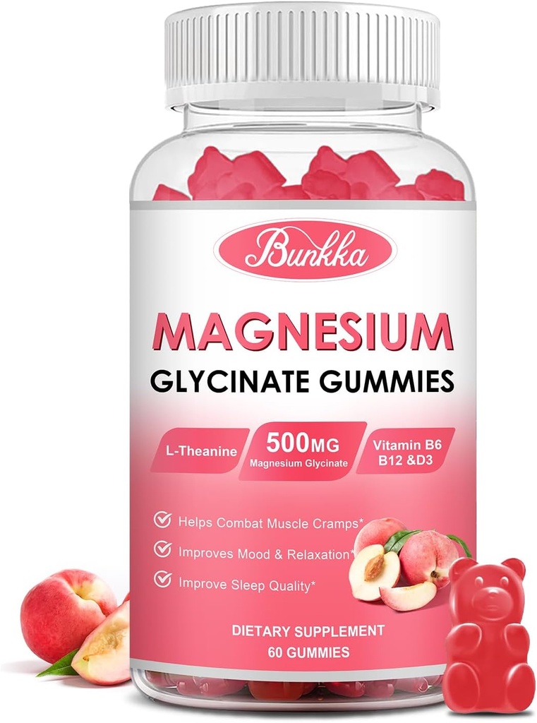 Magnesium Glycinate Gummies - סוכר חינם, Magnesium Complex Potassium תוסף עם Potassium, ויטמיןD, B6 עבור Calm, Sleep & Stress הקלה למבוגרים - 60 Peach חניכיים