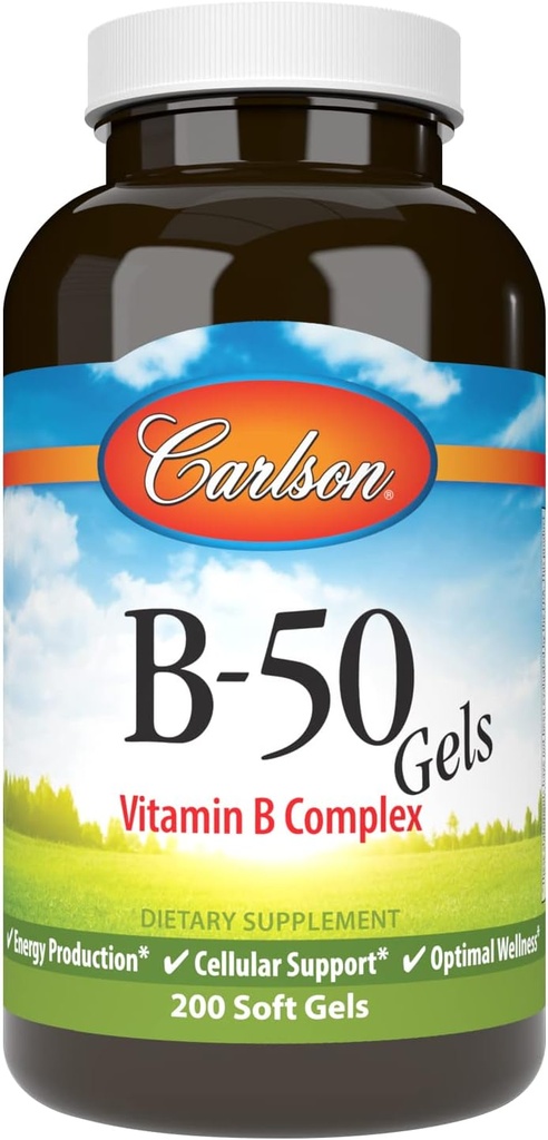 קרלסון - B-50 Gels, ויטמין B Complex, ייצור אנרגיה, תמיכה סלולרית ואופטימלית בריאות, 200 Softgels