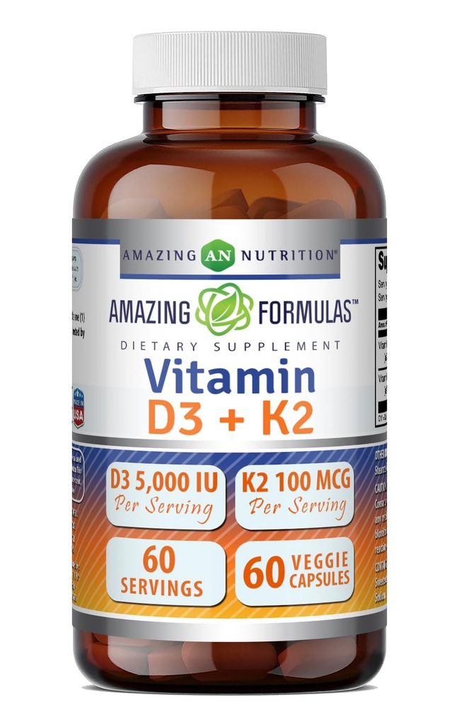 פורמולה מדהימה ויטמין D3 5000 IU עם ויטמין K2 100 mcg | D3 + K2 מורכב תוסף; קפסולות Veggie | Non-GMO | Gluten Free | Made in USA (60 Count)