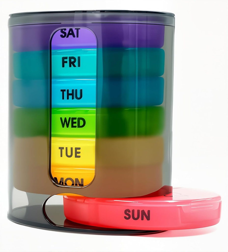 מארגנת גלולות שבועיות (Twice-A-Day), Portable 7 Day Pill Box Case with Stackable AM/PM השוואת גלולות, ויטמין, שמן דגים, תוספים,Rainbow (Rainbow)