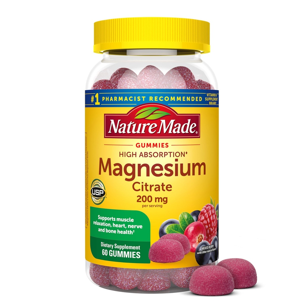 הטבע עשה גבוה Absorption Magnesium Citrate 200 מ"ג למנה, תוסף מגנזיום עבור שריר, עצב, עצמות ותמיכה לב, 60 מגנזיום מסטיקנים, 30 יום אספקה
