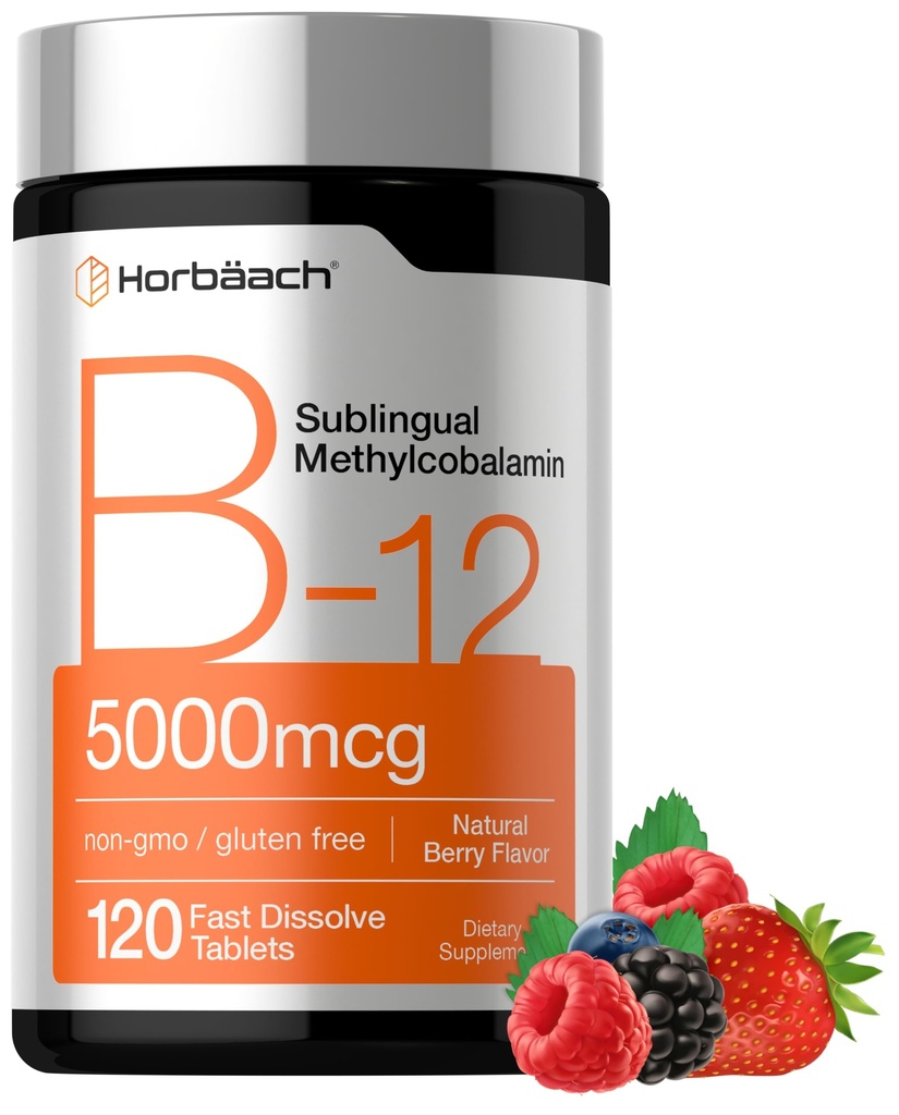 Horbäach B12 ויטמין 5000 mcg | 120 טבליות לדיסקלוט מהיר | Sublingual Methyhydrobalamin | Vegetarian, non-GMO & Gluten Free