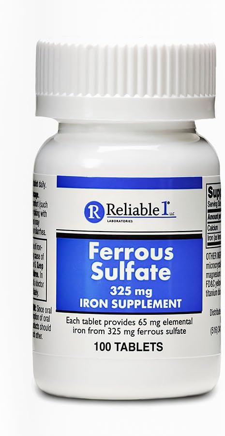 תוספת ברזל Sulfate 325 מ"ג על ידי Reliable 1 | כדורי ברזל לנשים וגברים | תוספת ברזל עבור אנמיה והגנת ברזל | 100 טבליות ברזל לבקבוק