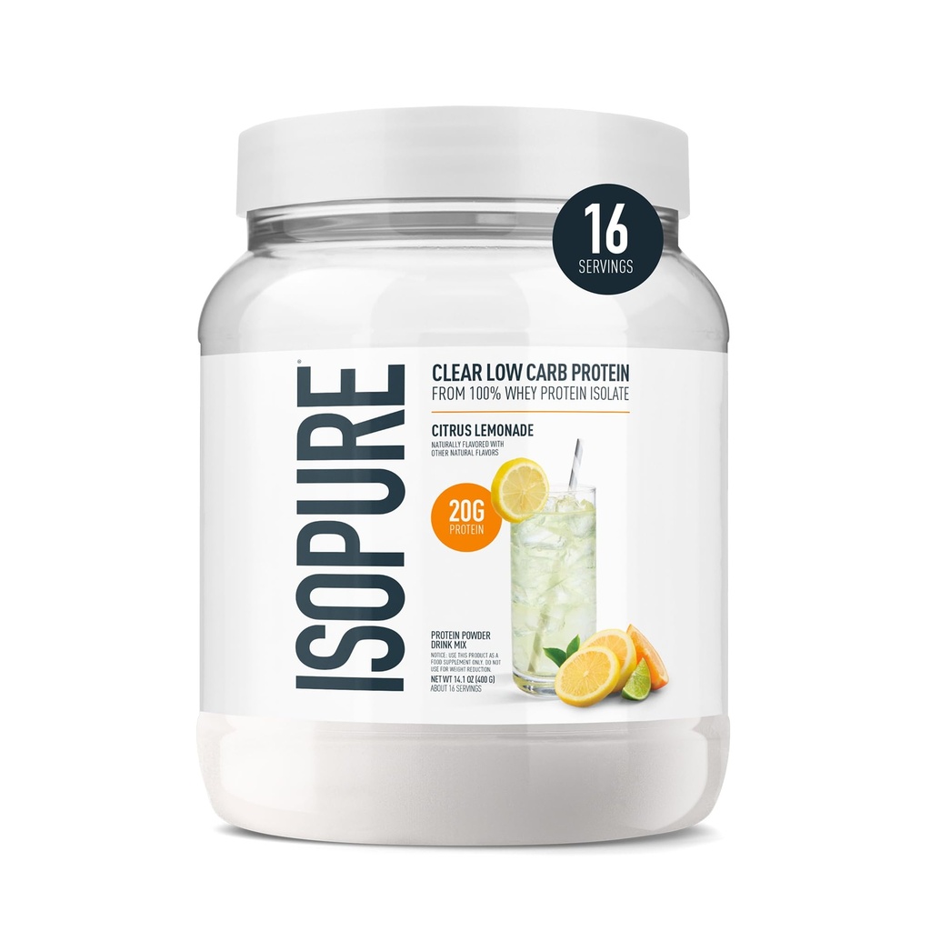 Isopure Clear Whey Isolate אבקת חלבון, Lactose חינם, Gluten חינם, באופן טבעי מפואר, Citrus Lemonade, 20g חלבון Per המשרת, 14.1 Oz, 16 משרתות (Packaging May Vary)