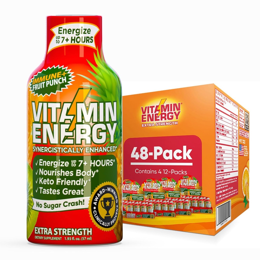 ויטמין אנרגיה Immune+ תוספת כוח אנרגיה ירו פירות Punch 48 Pack, 260 מ"ג טבעי Caffeine, B-Vitamins, Citicoline, תה ירוק, Immunity & Focus תמיכה, Zero Sugar, Gluten-Free1.93 floz