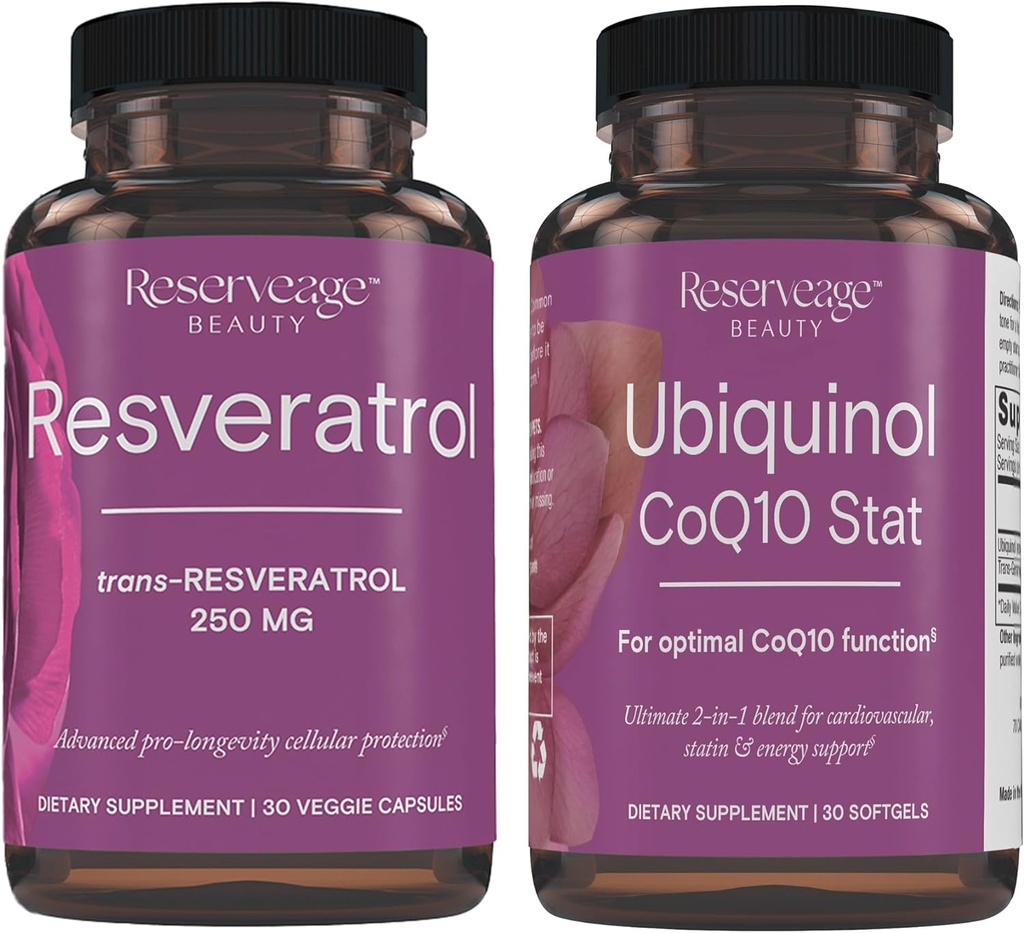 Reserveage Beauty, Resveratrol 250 mg, Antioxidant Supplement for Heart and Cellular Health 30 Caps & Ubiquinol CoQ10 Stat - Support for Cardiovascular System, Energy Levels & Cellular Health - 30