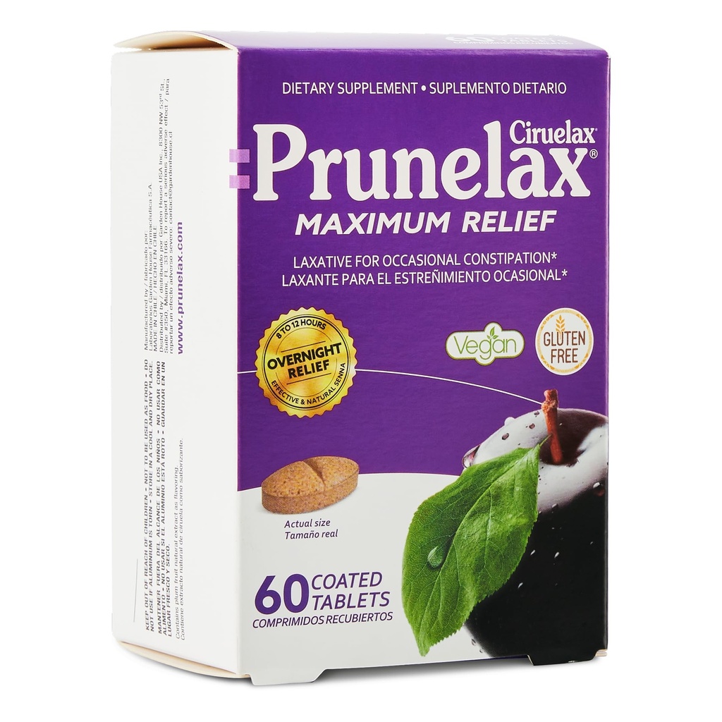 Prunelax Ciruelax מקסימום הקלה טבליות עם טבעי Senna עבור Occasional Constipation, Senna Extract, טבעוני & Gluten-Free, Gentle Overnight הקלה - 60ct