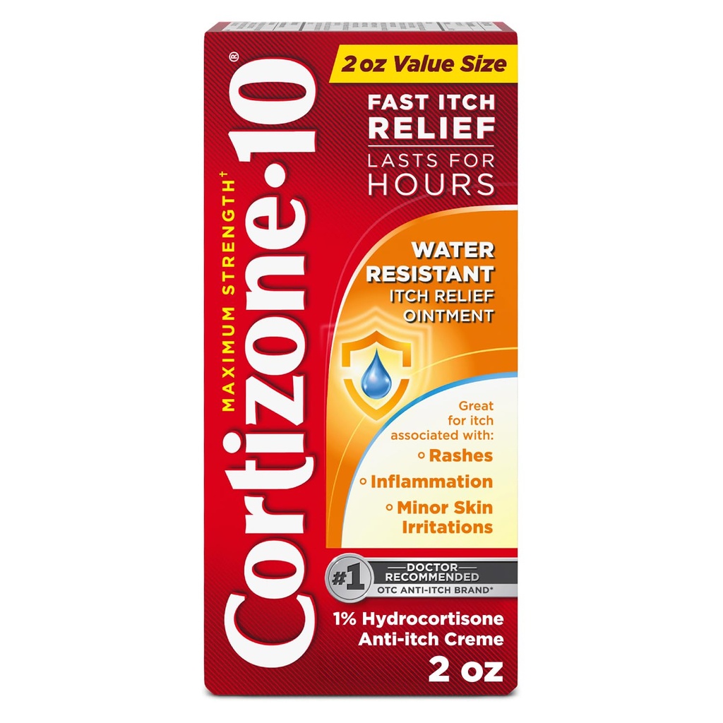 קורטיזון 10 כוח מקסימלי מים Resistant Itch הקלה Ointment, 1% הידרוקורטיזון, Fast-Acting, Anti-Itch Cream for Bag Bites, Rash, Eczema, Psoriasis, הרעל Ivy, Oak, Sumac & More, 2 oz
