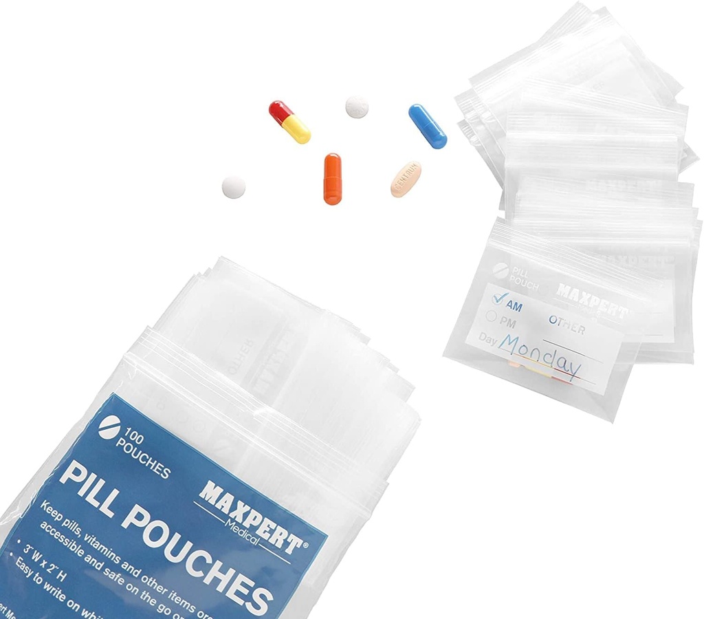 Pill Pouches, ניילון Pill Bags (Pack of 200) - Pocket Travel Pill Baggies - Resealable Zipper Pill מארגנת Pouch Bags - 3" x 2" - Daily Medicine Storage Pouches - Clear w/Write על התווית