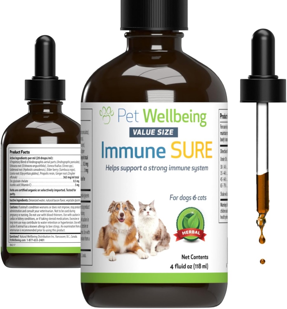 Pet WellBeing Immune Sure for Dogs - תומך בהגנת Immune רגילה, Gutora Balance, Andrographis, Echinacea, ויטמין C, Zinc - Veterinarian-Formurated Herbal 4 oz Meadow)
