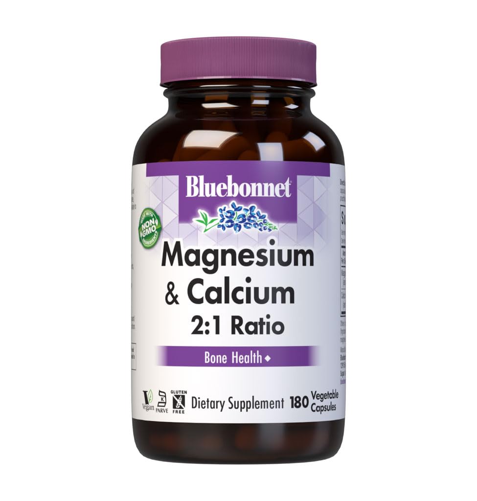 Bluebonnet Nutrition Magnesium & Calcium 2:1 Ratio, בריאות העצם *, Non-GMO, טבעוני, מוסמך כשר, Gluten-Free, Soy-Free, נטול חלב, 180 קפסולות ירקות, 60 משרתים