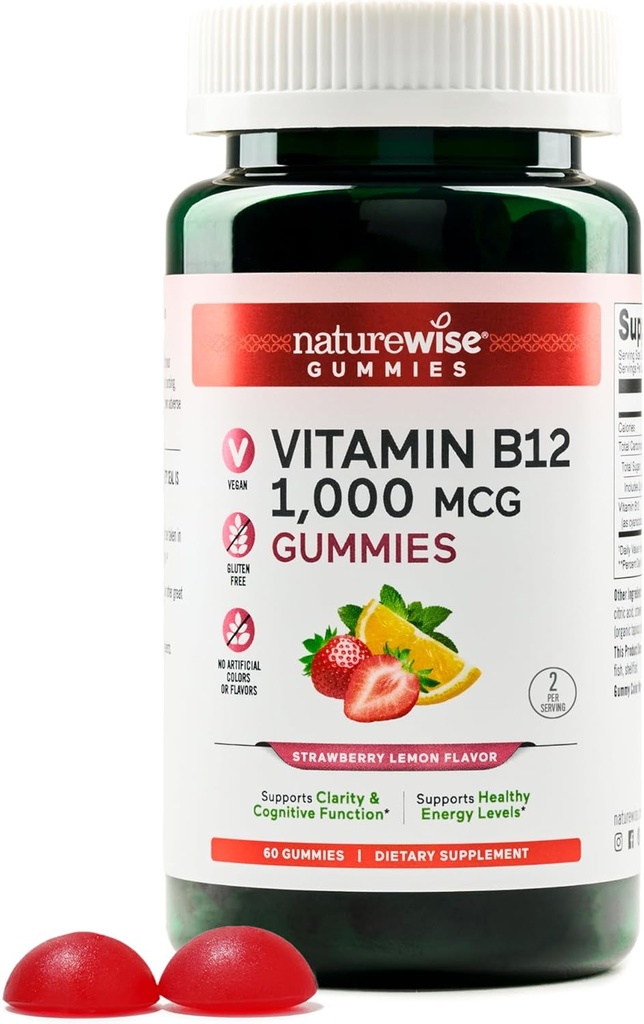 NatureWise ויטמין B12 חניכיים למבוגרים, 1000 mcg - Strawberry לימון פלפור - תמיכה יומית אנרגיה, בהירות נפשית, פונקציונליות קוגניטיבית - טבעונית, Gluten-Free, non-GMO - הרוזן 60 [1-מונטהספק]