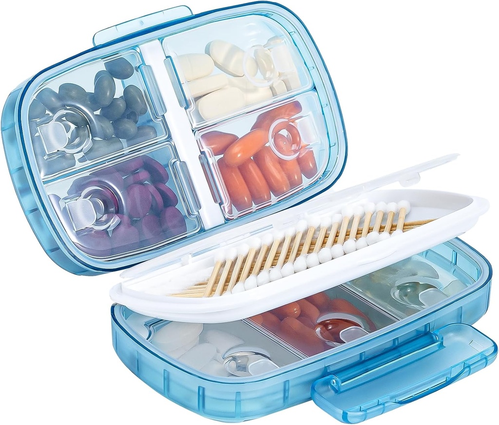 Daviky Travel Pill Productionser, Weekly Pill Dispenser 1 time a Day, Large Pill Box, Moisture Proof 8 השוואת גלולות מקרה, Portable Pill Holder for Medicines, תוספים ווויטמינים (כחול)