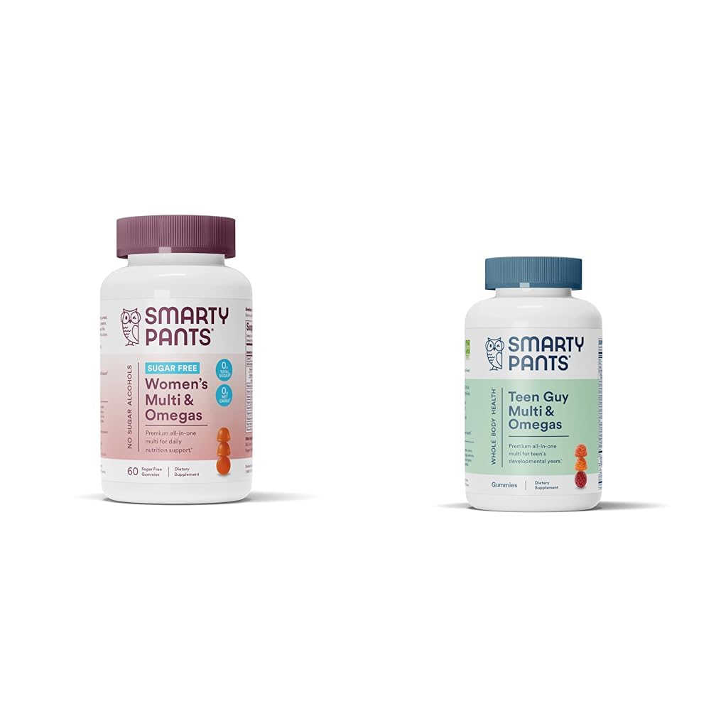SmartyPants Women's Multivitamin Gummies, Sugar Free: Biotin, Methylfolate, אומגה 3 (ALA), ויטמין D & Teen Guy Multivitamin Gummies: אומגה 3 שמן דגים (EPA / DHA), ויטמין D3, C, ויטמין B12, B6