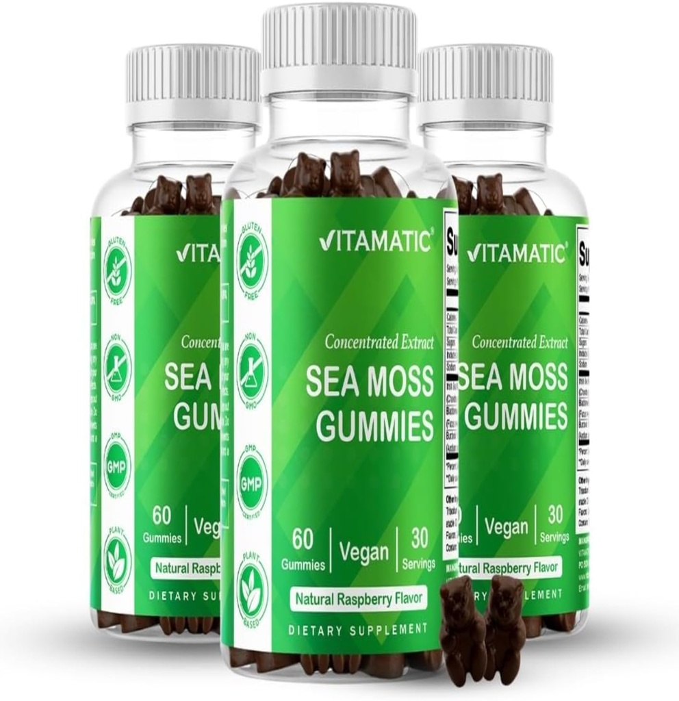 Vitamatic 3 Pack Irish Sea Moss Gummies- 3000 מ"ג Equivalent Per משרת (מפלט 132.5 מ"ג) - 60 Ct - מיוצר עם Bladderwrack & Burdock Root - Seamoss תוסף עבור Thyroid, אנרגיה, Immune תמיכה תמיכה תמיכה תמיכה