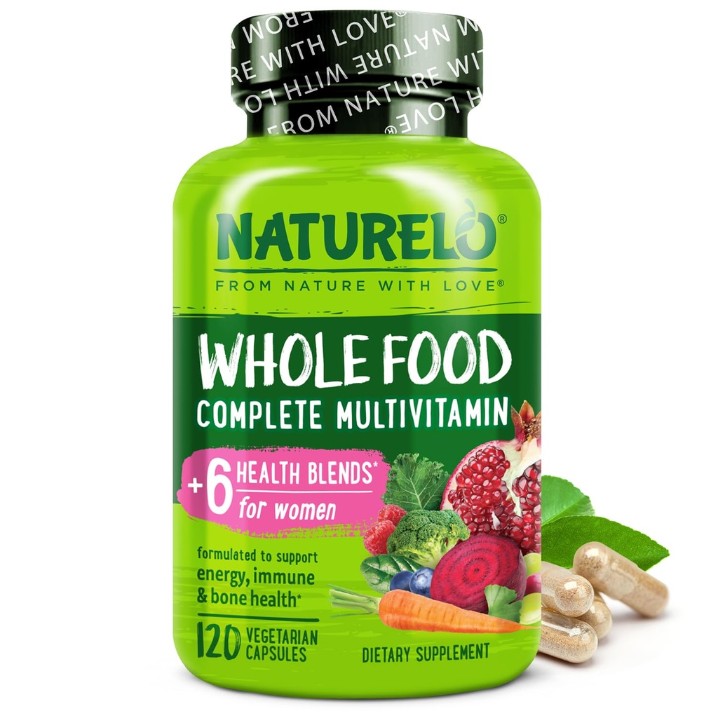 NATURELO Whole Food Multivitamin לנשים - עם ויטמינים, מינרלים, ומוצרים אורגניים - תוספת לאנרגיה ובריאות הלב - non GMO - 120 קפסולות טבעוניות