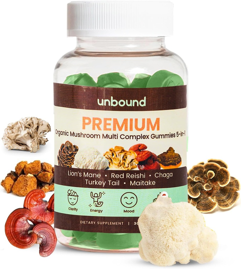 Unbound Premium אורגני Mushroom Multi-Complex Gummies for Support Memory 5 in 1, בלנדר עם Chaga, Lion's Mane, Reishi, טורקיה Tail, Maitake - 60 מסטיקים,