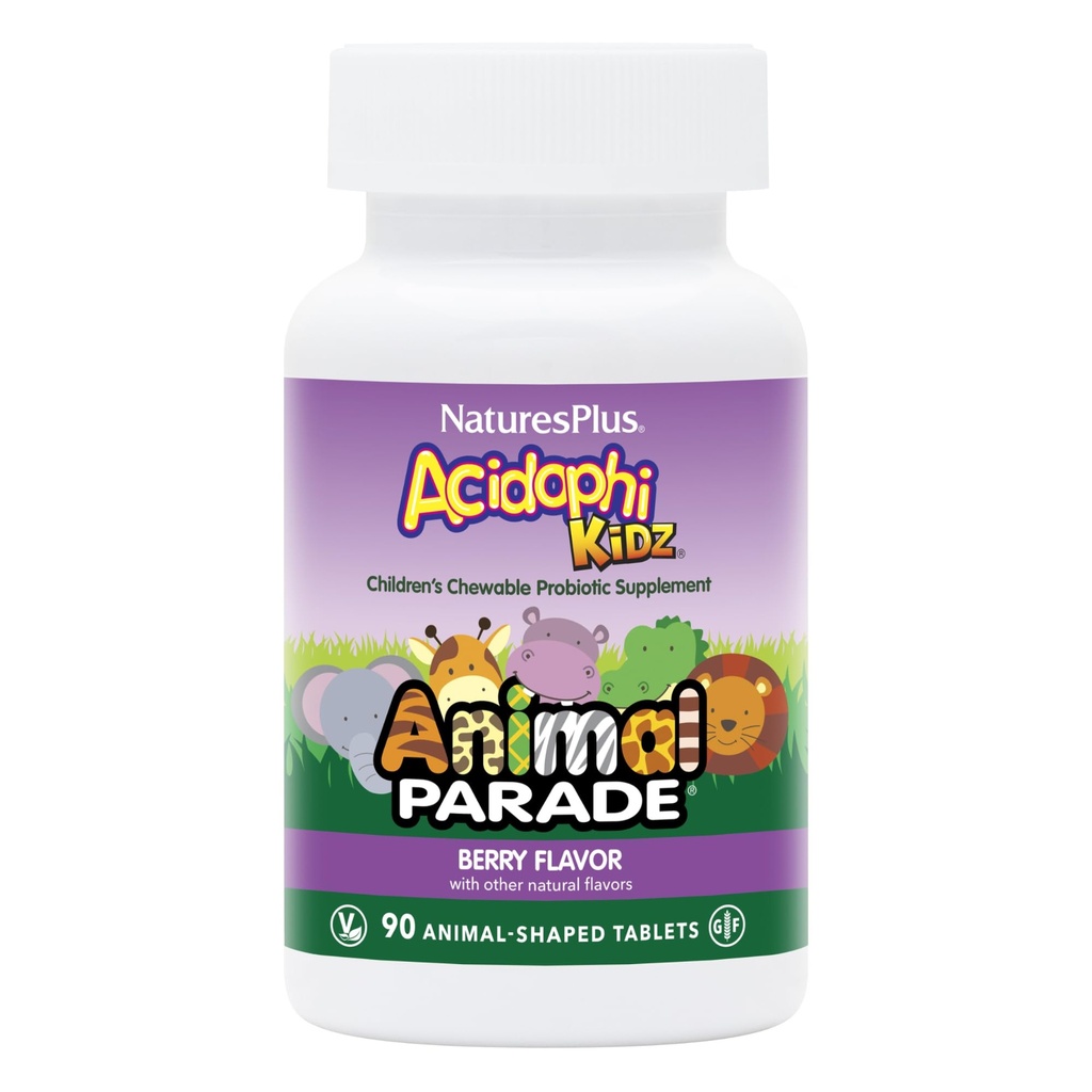 NaturesPlus Animal Parade AcidophiKidz, ברי פלפור - 90 טבליות Chewable, Animal-Shaped - Pack of 2 - עם Probiotics, FOS & Grape Seed - 180 מוחלט המשרתים
