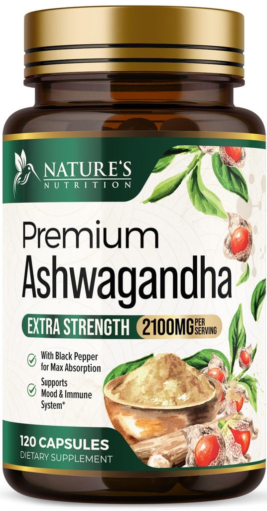 תוספי Ashwagandha - 2100mg Ashwgandha קפסולת לנשים וגברים, תמיכה טבעית נגד חמצון, Ashwa Root Extract, תוספת כוח תמיכה עם Black Pepper, טבעוני וגלוטן חינם - 120 קפסולות