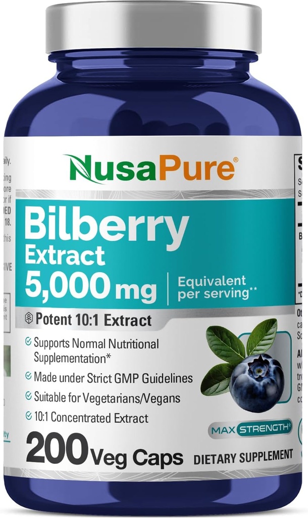 NusaPure Bilberry לחלץ 5,000 מ"ג 200 מכסה צמחוניים (Non-GMO, טבעוני)