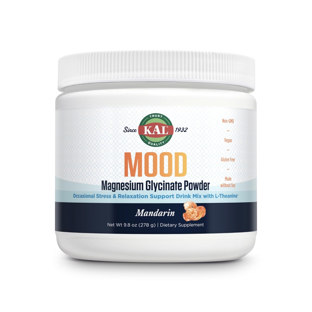 אבקת KAL Mood Magnesium עם L-theanine - מנדרינה Flavor Magnesium תוסף - תמיכה מרגיעה, Absorption גבוהה, לא תוספת סוכר, טבעוני, Gluten Free, Made Without Soy - 40 משרתים, 9.8 oz