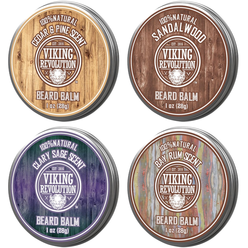 מהפכת ויקינגים 4 Beard Balm Variety Pack (1oz כל אחד) - Sandalwood, Pine & Cedar, Bay Rum, Kaly Sage - סגנונות, חיזוקים ו Softens Beards ו- Mustaches - Wax for Men