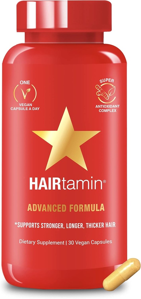 HAIRtamin Vegan Hair Vitamins for Faster Hair Growth | All Natural Biotin Hair Growth Vitamin Capsules to Support Healthy Hair Skin and Nails | May Reduce Hair Loss & Thinning | 30 Capsules