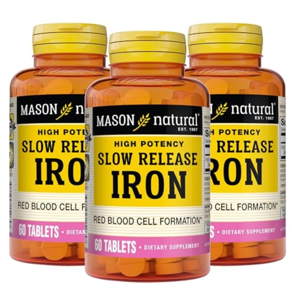 Mason Natural Slow,Release Iron (Ferrous Sulfate) 50 מ"ג טבליות, 180 יום אספקת, תוסף עתיר גבוה, Gentle על Stomach, 3 Pack