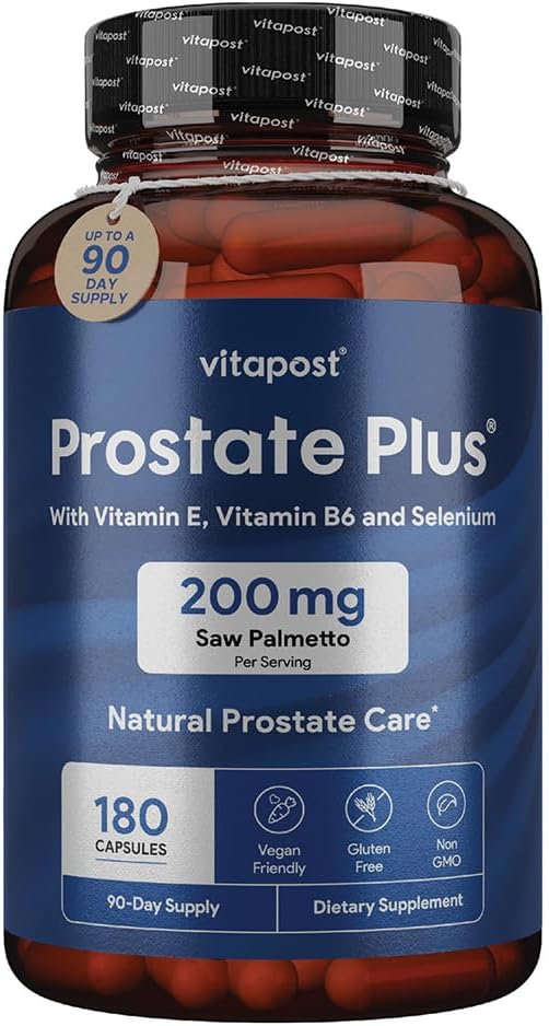 Prostate Plus Natural Prostate Care ו- Urinary Health תוסף עבור גברים עשירים עם Saw Palmetto, ויטמין B6, ויטמין E, Selenium ו- Zinc. 180 קפסולות