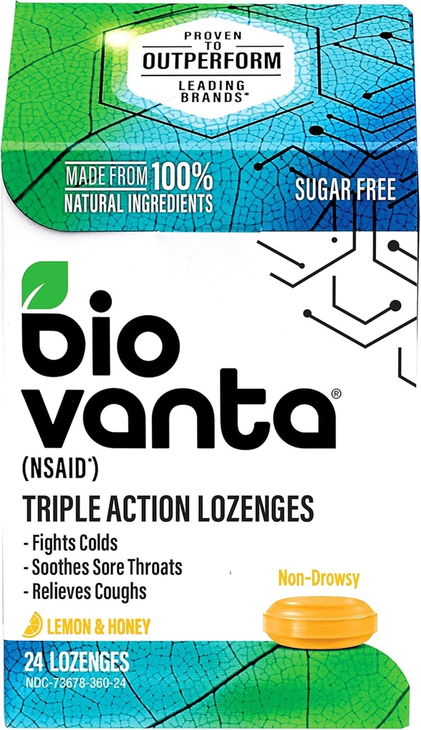 Biovanta Natural Ingredients Sugar-Free Lozenges for Cough, Cold and Sore גרון, 24 לימון דבש גרון Lozenges