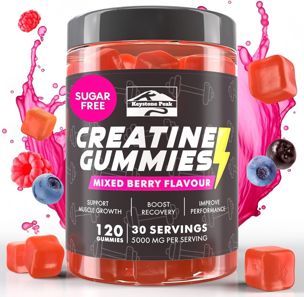 KP Creatine Monohydrate Gummies מעורב ברי עבור גברים ונשים, 100% קריטין מעורב ברי חניכיים, 5g לשרת + טבעוני, סוכר חינם, מעורב ברי + כוח, אנרגיה, שרירים & Booty להשיג - 120 הרוזן הרוזן