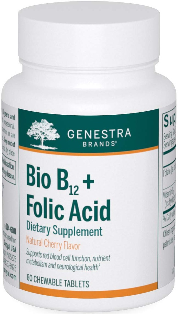 Genestra Brands Bio B12 + Folic Acid | תוספי ויטמינים | 60 טבליות Chewable
