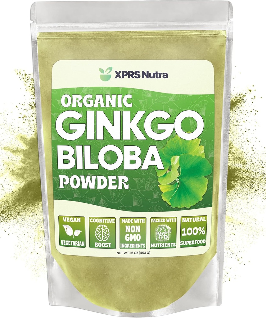 XPRS Nutra אורגני גינקו Biloba אבקת - Gingko Biloba תוספי עבור Cognition - ג'ינקוב בילובה אורגני ידידותי טבעוני - Immunity Boosting Genekgo Biloba אבקה (16 oz)