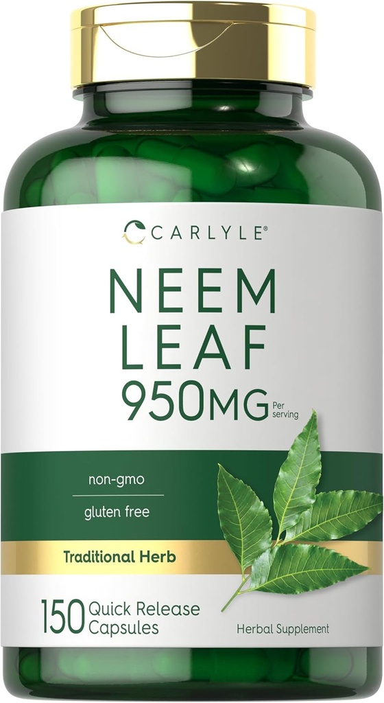 קרליל Neem Leaf | 950 מ"ג | 150 קפסולות אבקה | Non-GMO וגלוטן חינם פורמולה | גודל ערך | תוסף צמחי מסורתי | Azadirachta Indica