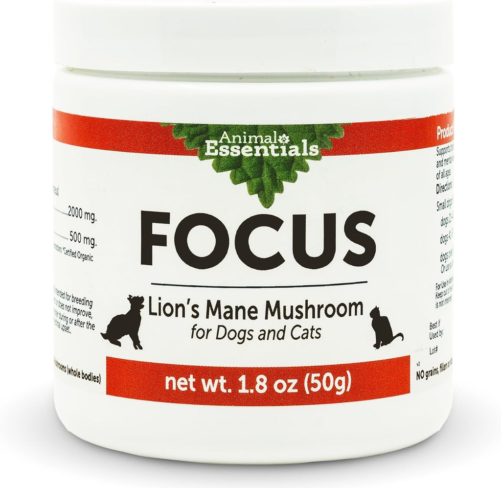 Animal Essentials Focus Lions Mane Mushroom תוסף לכלבים & חתולים - תומך בבריאות המוח, תפקוד קוגניטיבי, תגובה חיסונית בריאה, תמצית אבקת Mushroom - 1.8 Oz (Pack של 1)