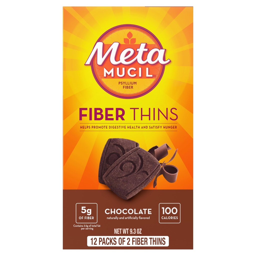 Metamucilfi Thins, Psyllium Husk סיבים תוספת, תמיכה בבריאות העיכול ו- Satisfy Hunger, שוקולד פלאמורed, 12 משרתים