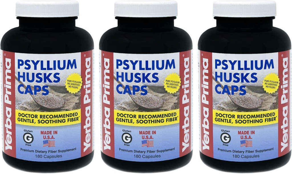 Yerba Prima Psyllium Husks Caps - 180 קפסולות (Pack of 3) - תוספי סיבים טבעיים - ניקוי קולוני - Non-GMO Gluten Free