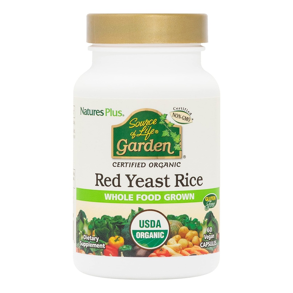 Natures Plus Source of Life Garden Certified Organic Red Yeast Rice - 600 מ"ג, 60 קפסולות טבעוניות - תמיכה תזונתית בסך הכל - Vegetarian, Gluten-Free - 60 משרתים