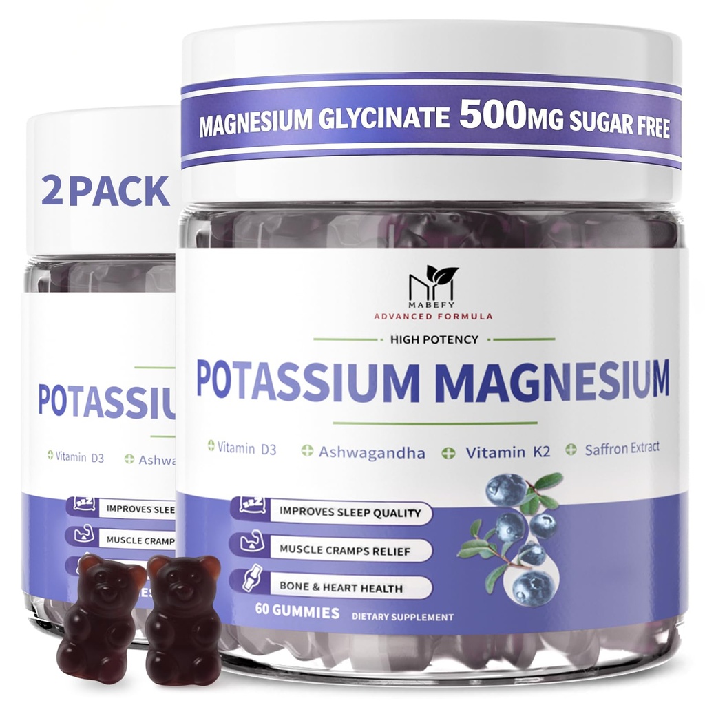 2 Pack Potassium Magnesium Gummies, Sugar-Free Potassium Gummies עם Magnesium Glycinate 500 מ"ג Chewable Magnesium Potassium תוספי עם Calcium, Zinc, ויטמין עבור Cramps & שריר