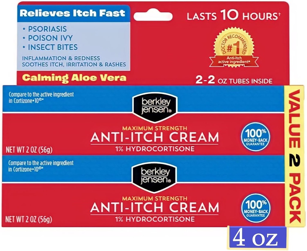 Berkley Jensen כוח מקסימלי Anti-Itch Cream (4 oz.), עם Calming Aloe Vera, 1% hydrocortisone Itch הקלה עבור אקסזמה, פסוריאזיס, באג Bites, הרעל Ivy, Oak ו Sumac, 2 oz. (Pack of 2)