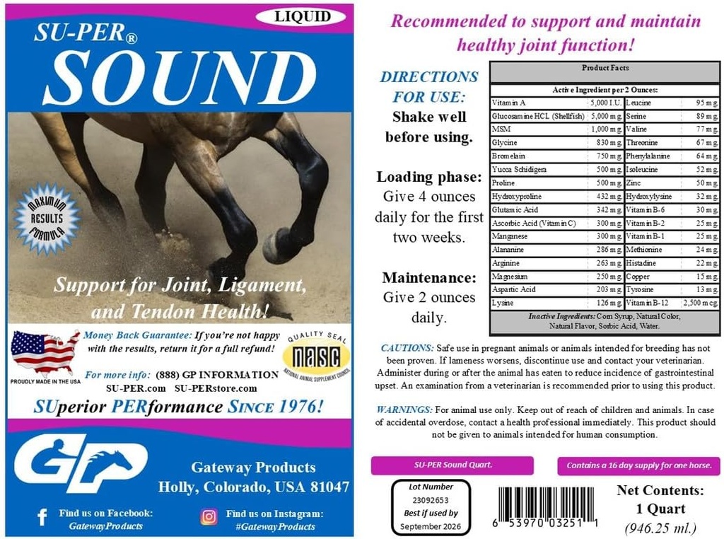 SU-PER Sound Joint Horse Supplement - תמיכה משותפת, Ligament ו- Tendon Health - ויטמינים סוסים ומינרלים, Glucosamine, MSM, Bromelain, Amino Acids, Lysine - 1 Quart, (2 Pack)