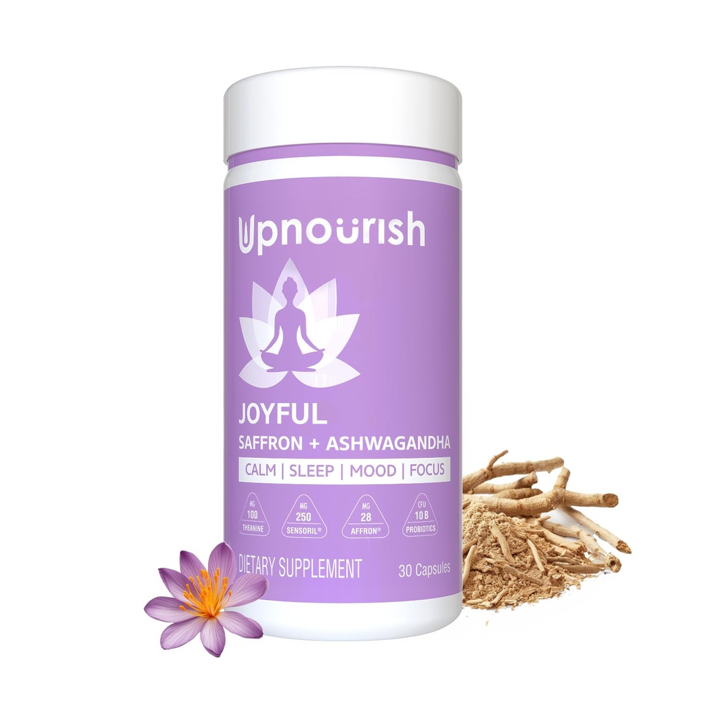 UpNourish Organic Ashwagandha Saffron תוספי עם Probiotics - Stress Relief, Mood Enhancer, Calm Happy Pills לתמוך Fatigue Focus Clarity עם L-theanine, Rhodiola, 30 קפסולות טבעוניות