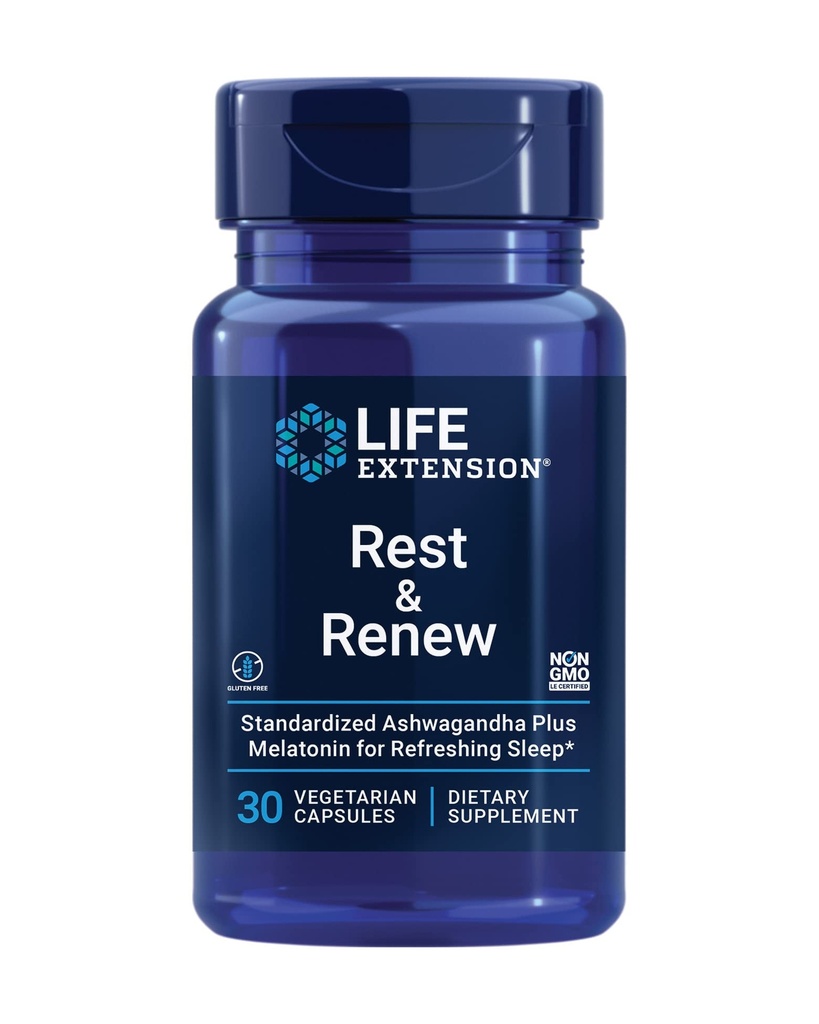 Life Extension Rest & Renew, for aמרעננים & Restorative Night's Sleep, Gluten-Free, non-GMO, Vegetarian, 30 קפסולות